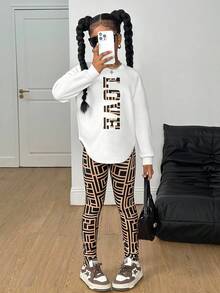 SHEIN Tween Girls' Casual Graphic Print Knit Crew Neck Long Sleeve Hoodie Sweatshirt And Geometric Pattern Leggings 2-Piece Set Tween Outfits Baddie Outfits For Tweens Girls Outfits 12 Year Old Outfits Teen Girl Outfits - Multicolor - View 4