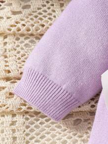 SHEIN 女婴高领针织连体衣，长袖，连脚，秋冬季温暖舒适，手工编织蝴蝶结设计，优雅时尚，适合日常穿着、居家、外出和旅行，黄色和浅黄色 - 紫色 - 查看 7