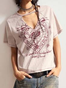 Bohemela Autumn/Winter Boho Independence Day Vintage Casual Solid Color Knit Short Sleeve Loose Washed Women Graphic T-Shirt - Pink - View 6