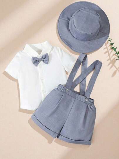 Souflis Souflis 3件套男婴夏季绅士套装 - 白色蝴蝶结短袖衬衫、松紧腰吊带短裤和绅士帽。时尚优雅帅气，适合生日派对、跨年派对、婚礼、演出、摄影、洗礼和节日庆典。婚礼、婚宴嘉宾、戒童、童花童、宝宝第一个母亲节服装、家庭装