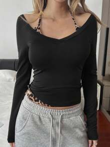 Livesso Women Leopard Print Splicing 2 In 1 Fitted Long Sleeve T-Shirt,Fall Clothes - Black - View 3