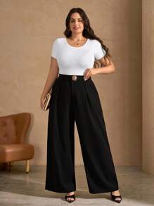 Chikora Plus Size Women Black Elegant Straight Leg Casual Office Pants,Business Casual Woman,Teacher,Y2k,Office,Women Summer,Airport,Old Money Style Women,Office Wear