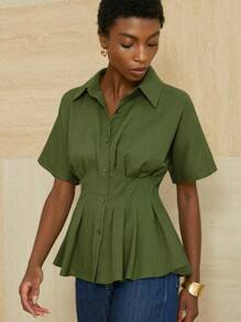 Aveloria Modichic 橄榄绿色纹理亚麻面料褶腰休闲通勤百搭简约设计女式衬衫