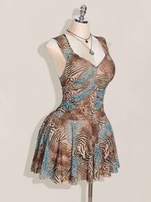 SHEIN ICON Plus Size Leopard Print Ruffle Sweetheart Neck Backless Tie Strap Holiday Dress, Bohemian Floral Ruffle Maxi Dress, Boho Chic