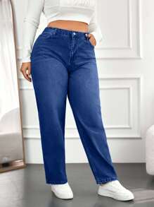 EURMUSE 100%纯棉高腰直筒牛仔裤 - 中等水洗藍 - 查看 4