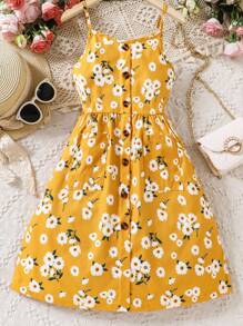 SHEIN 女孩印花前紐扣吊帶連衣裙 - 黃色 - 查看 9