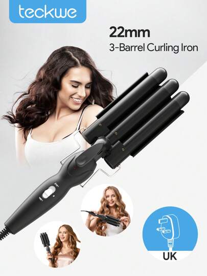 Teckwe مجعد شعر ب- 3 أسطوانة، مكواة موجات للشعر، أداة تجعيد آلية للموجات الكبيرة، مكواة تجعيد الذرة للرأس الخاملة، مكواة تجعيد سريعة التسخين للمنزل والسفر، تسريحات الزفاف، قابس بريطاني أسود