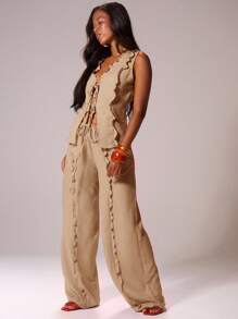 MUSERA Áo dài tay không tay, thắt nơ đôi, chất liệu giả vải lanh, viền bèo nhún phía trước, kiểu dáng Ibiza, gợi cảm, thích hợp cho kỳ nghỉ, lễ hội, đi biển, lãng mạn, thanh lịch, dự tiệc sinh nhật, đám cưới, tiệc mùa thu, mùa xuân, hè. - màu nâu - Xem 5