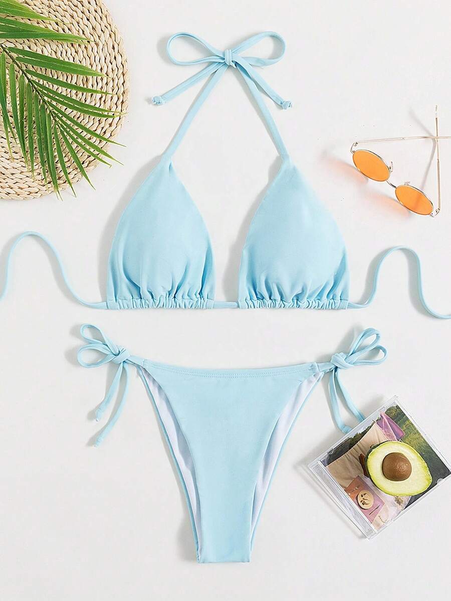 Swim Mod Bikini De Playa Con Lazo Lateral Y Triángulo Halter De Verano - Celeste - Ver 1