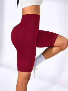 Easithlete 简约纯色高腰无缝运动短裤机车短裤女式收腹酒红色机车短裤高腰机车短裤收腹瑜伽短裤女式高腰运动短裤 - 酒紅色 - 查看 6