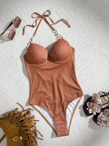 Swim Vcay Traje de baño de una pieza con espalda descubierta, con acentos de perlas y correas de hombro de tela con brillo para mujer, nuevo modelo 2025 - Óxido marrón - Ver 1