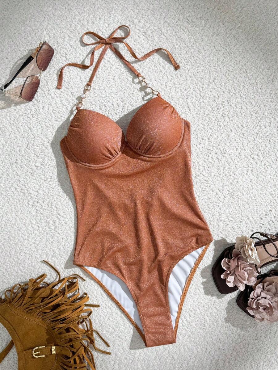 Swim Vcay Traje de baño de una pieza con espalda descubierta, con acentos de perlas y correas de hombro de tela con brillo para mujer, nuevo modelo 2025 - Óxido marrón - Ver 1