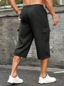 Manfinity Homme Men's Drawstring Waist Wide Leg Loose Casual Cargo 3/4 Pants - Black - View 2