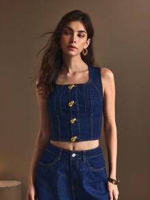 SHEIN Frenchy 休闲方领无袖牛仔短款上衣 - 深色水洗藍 - 查看 3
