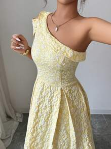 Elenzga Váy vải Jacquard dáng xòe cổ không đối xứng màu kem lãng mạn thanh lịch dành cho nữ - Butter Yellow - Xem 3