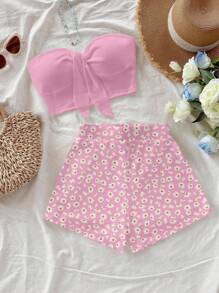 Soleia 2 件套女士粉色花卉雏菊印花套装，适合夏季 - 粉色 - 查看 4