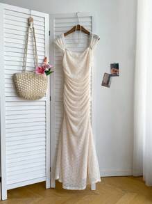 Comfortcana 女士时尚修身提花波点连衣裙香槟色连衣裙长款优雅连衣裙奶油色连衣裙 - 杏色 - 查看 6