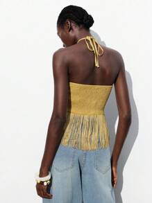 Maija Áo hai dây tua rua hở lưng màu vàng gợi cảm mùa hè cho nữ, áo cánh không tay cổ yếm ôm sát, áo hở vai - Màu vàng - Xem 6