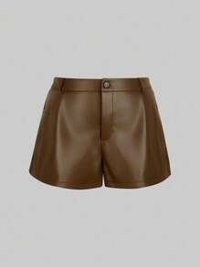 SHEIN LUNE Plus Size Women Solid Color Pocket Wide Leg Loose Casual Shorts - Brown - View 1