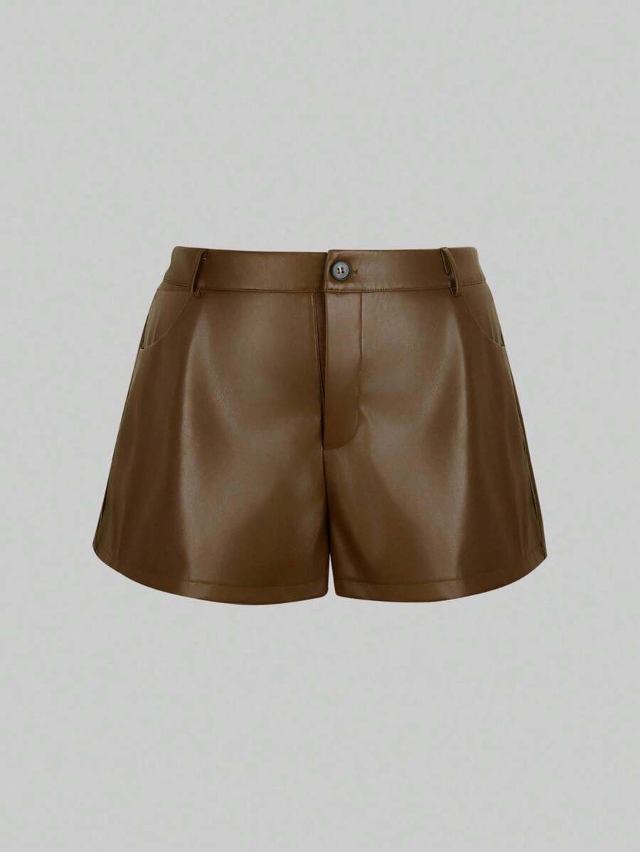 SHEIN LUNE Plus Size Women Solid Color Pocket Wide Leg Loose Casual Shorts - Brown - View 1