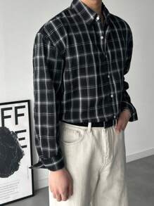 DAZY 男士格子纽扣长袖衬衫，适合春秋季 - 黑色 - 查看 5