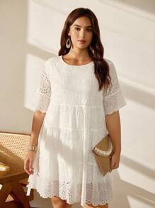 SHEIN LUNE Vestito estivo in taglia oversize con arricciatura, orlo con rouches e ricami traforati