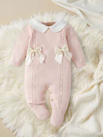 Souflis Souflis Baby Girls' Sweater , Knitted Turtleneck Long Sleeve Jumpsuit With Footed, Comfortable For Autumn/Winter, Handmade Bow Decor, Elegant Cable Design, Versatile For Daily Wear, Indoors, Outdoors, Travel, Yellow/Light Yellow