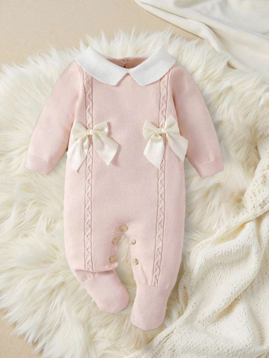 Souflis Souflis 女婴毛衣，针织高领长袖连脚连体衣，秋冬舒适，手工蝴蝶结装饰，优雅的有线设计，适合日常穿着，室内、户外、旅行，黄色/浅黄色 - 粉色 - 查看 1