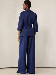 Aveloria Modichic 女士夏季两件套休闲宽松收腰设计 V 领 3/4 袖上衣搭配长裤套装 - 藏蓝色 - 查看 2