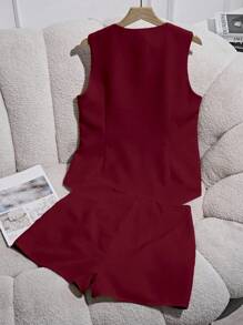 Franclia 2pcs/Set Women's Solid Tie-Front Shirt And Shorts Set, Summer - Burgundy - View 2