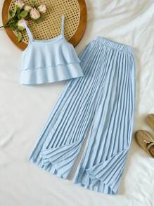 SHEIN Vintaside Kids Tween Girl Ruffle Hem Cami Top & Pleated Wide Leg Pants - Baby Blue - View 10