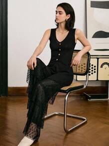 Moireta Women's Elegant Black Polyester Sleeveless V-Neck Top And Long Contrast Mesh Flare Pants Set For Luxurious Lounge Wear - Black - View 4