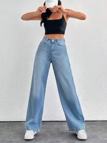 RueChic High Waist Straight Leg Jeans - Light Wash - View 4