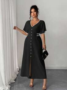 Elenzga 大码女式优雅淑女时尚百搭休闲V领前扣束腰拼色中长连衣裙