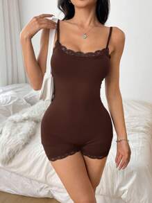 CovetEZ 女士棕色蕾丝拼布细肩带紧身衣 - 棕色 - 查看 5