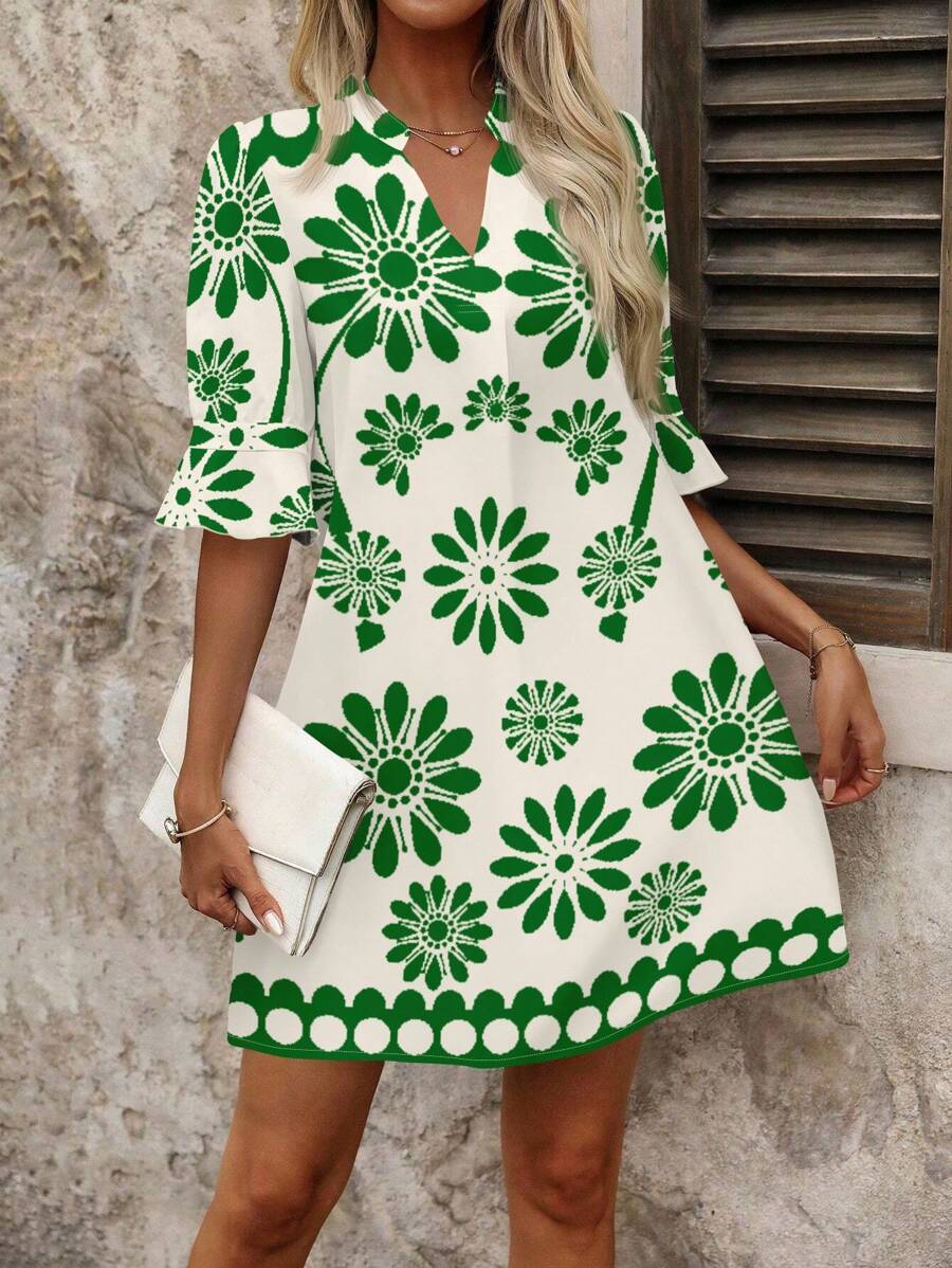 SHEIN Clasi 休闲花卉复古印花V领中袖女士短款连衣裙，适合夏季 - 彩色 - 查看 1