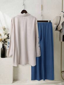 Mulvari 大码女式花卉印花长袖长衬衫和裤子套装，休闲两件套