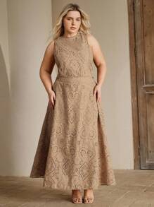 Anewsta 大码女式两件套优雅刺绣无袖上衣和裙子 - 卡其色 - 查看 5