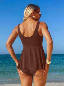 Swim Vcay Women's Brown Summer Beach Vacation Casual Two Pieces Swimwear Set With Tummy Control, Flared Hem Bikini Top And Bottom Spaghetti Strap Tankini
