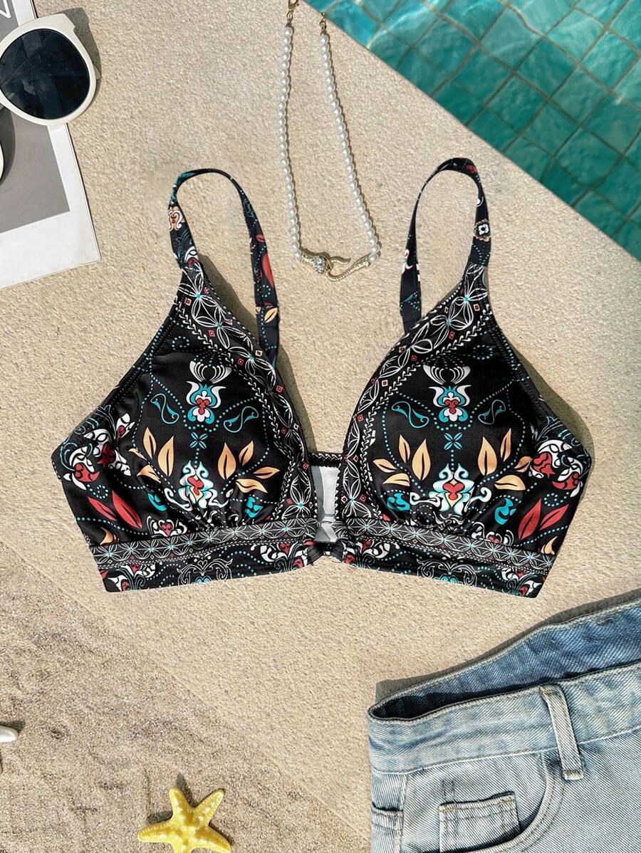 SHEIN VCAY Plus Size Vintage Floral Print Swimsuit Top Boho - Black - View 1