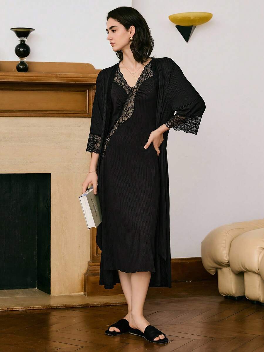 Mature & Elegant Lace Patchwork Sexy Women's Pajama Set, Fall Clothes - Black - View 1