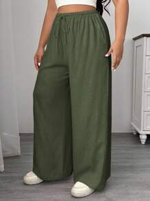 SHEIN EZwear Vestido largo de lino informal y holgado con cordón para tallas grandes