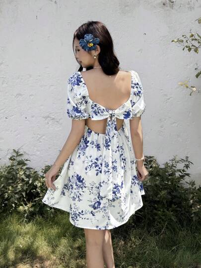 SHEIN Teen Girl Loose Blue Floral Ruffle Mini Princess Dress With Bow Back For Teenage Girls, Elegant