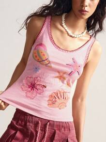 Bohemela Pink Summer BOHO Beach Holiday Women Tank Top,Tropical Floral Seashell Graphic Pattern Beaded Knit Slim Fit Sleeveless Casual Vacation Style Tee - Pink - View 5