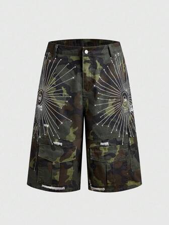 ROMWE Avant Shorts en jean 3/4 pour hommes avec poches cargo à motif camouflage pailleté