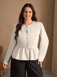 Chikora 大码女式荷叶边下摆时尚休闲夹克，百搭外套 - 杏色 - 查看 3