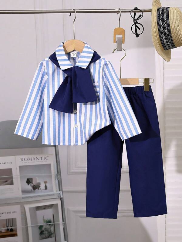 3 PiecesYoung BoyCollege Style Outfit: Striped Long Sleeve Shirt With Collar, Scarf, And Straight Leg Pants, Suitable For Casual, School, Holiday, Travel In Spring And Autumn