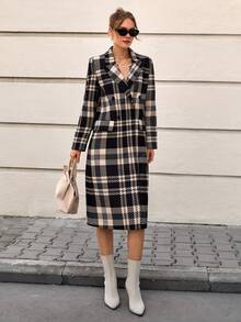 CLARA VERO Woman Check All Over Printed Front Button Up Pockets Long Sleeve Overcoat Lady Autumn Winter Chic Elegant Coat - Multicolor - View 5