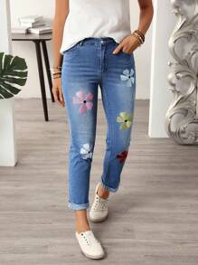 EMERY ROSE Women Floral Embroidered Patch Skinny Casual Versatile Jeans