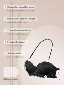 1pc Lace Back Strapless Bra With Underwire For Women, Push Up Bra With Invisible Strap, Enhancing Small Bust - Black - View 7